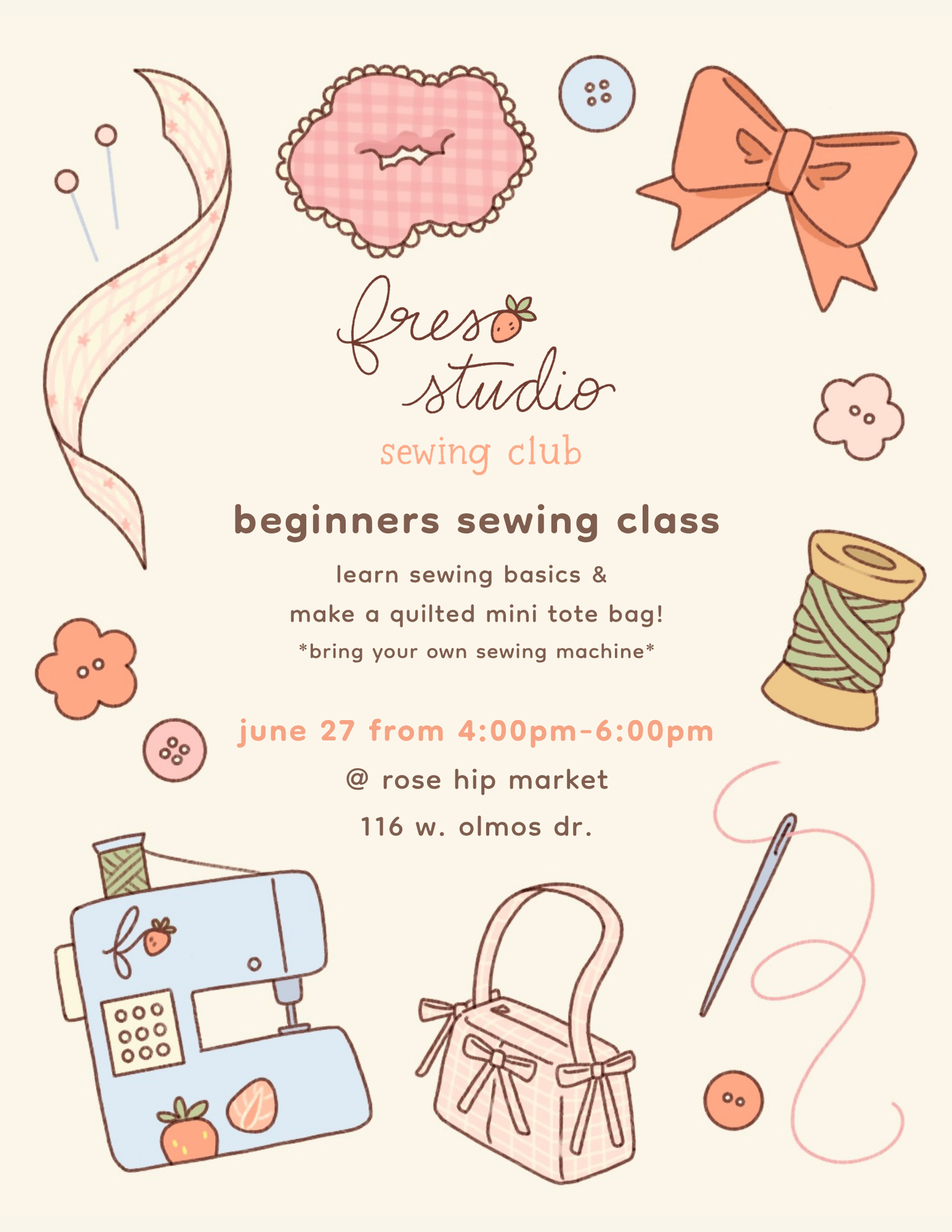 Sewing class flyer with illustrations of sewing-related items on a beige background